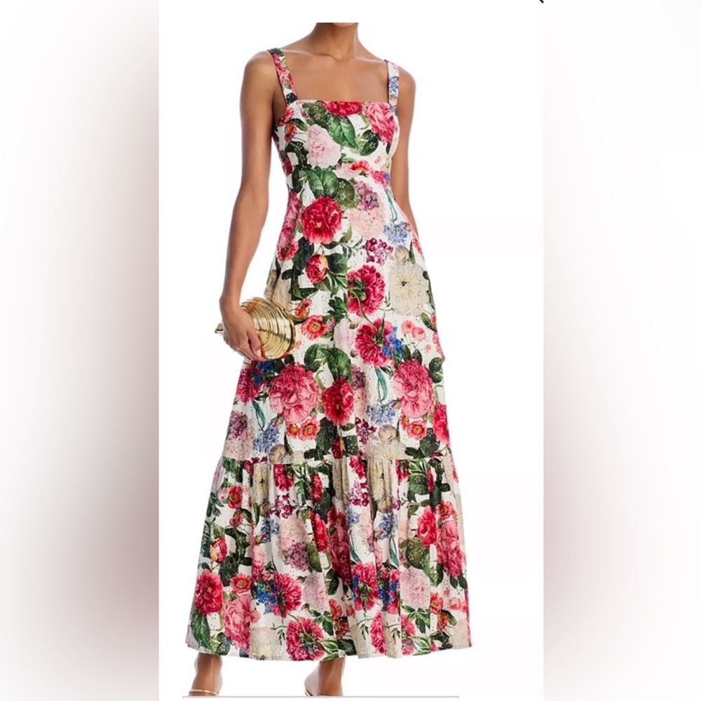 Aqua Floral Square-Neck Maxi Dress in Pink, Green and Cream